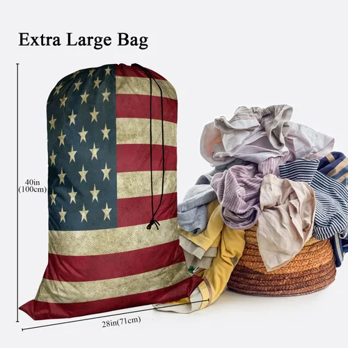 Miniatura 2 de Swono Grunge - Bolsa grande de ropa sucia para ropa sucia para cesta de lavandería, diseño de rayas patrióticas, estrellas envejecidas, lavable a