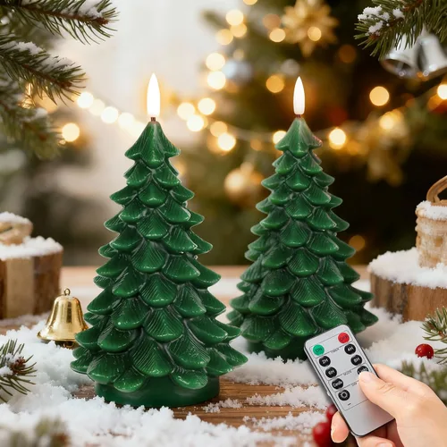 JOIONE Velas sin llama de árbol de Navidad con temporizador remoto, velas parpadeantes que funcionan con pilas, velas LED de cera real para Verde