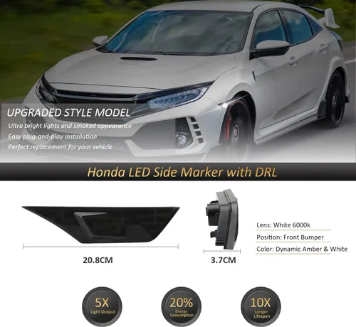 Miniatura 6 de Bestview 2 luces de posición laterales para Honda Civic de 10ª generación 2016-2021 Coupé Hatchback: lente ahumada parachoques delantero, luces