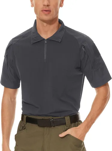 Miniatura 5 de MAGCOMSEN Camisas militares tácticas para hombre con cremallera de 1/4, manga corta, ajustada, camisa de camuflaje