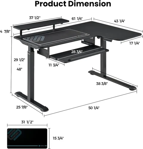 Miniatura 3 de EUREKA ERGONOMIC Escritorio eléctrico de pie en forma de L de 55 pulgadas, escritorio para juegos de computadora de altura ajustable con bandeja