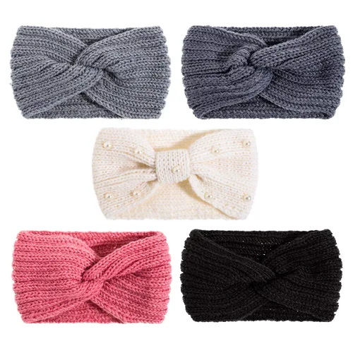 Miniatura 11 de Whaline - 5 diademas tejidas de invierno, diademas mullidas tejidas, 4 envolturas de turbante elásticas y 1 banda de pelo de ganchillo de perla