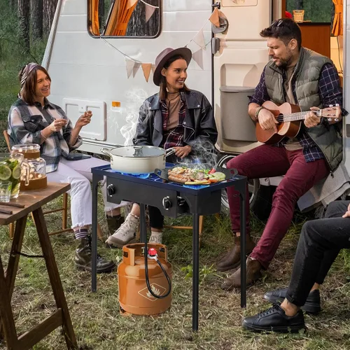 Miniatura 6 de Karl home Estufa de gas propano de 2 quemadores para cocinar al aire libre, cocina de campamento de 225,000 BTU con patas extraíbles y regulador PSI