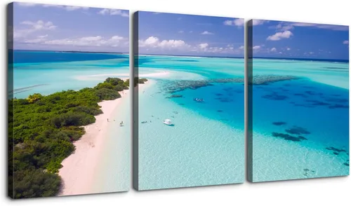 Miniatura 15 de YONICA Lienzo decorativo de 3 paneles para decoración del hogar, mar azul, puesta de sol y playa, pintura, impresión sobre lienzo, paisaje marino