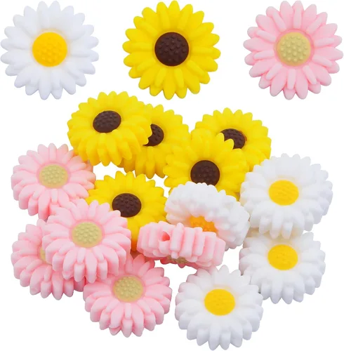15 cuentas espaciadoras de silicona de girasol de 0.78 pulgadas (0.787 in) con forma de flor plana focal, cuentas espaciadoras para llaveros de
