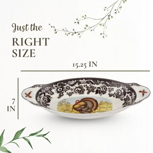 Miniatura 7 de Spode Woodland Bandeja de pan de pavo, plato de porcelana fina, borde floral con motivo de vida silvestre, horno a mesa, redonda de 15.27 x 7