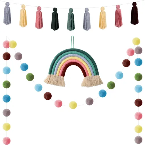 Boao Guirnalda bohemia con borlas de 3 piezas, guirnalda bohemia con pompones, decoración colorida pastel de macramé, bola de algodón, decoración