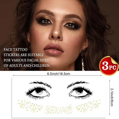 Miniatura 2 de 3 hojas de calcomanías de maquillaje de cara de pecas sintéticas metálicas doradas, impermeables, brillantes, arte corporal para festivales