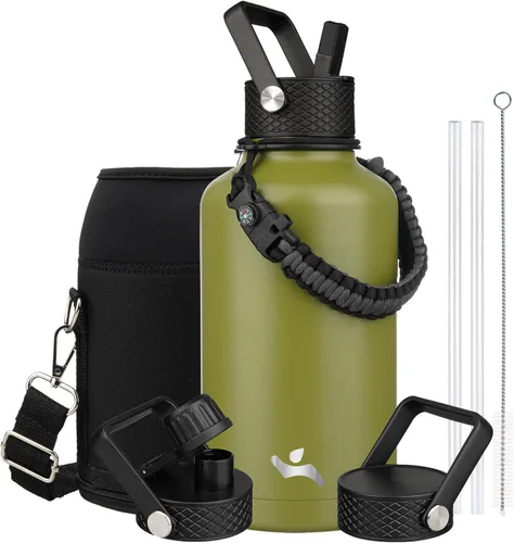 Miniatura 89 de Konokyo - Botella de agua aislada de 18 onzas, botellas deportivas de acero inoxidable con 3 tapas, verde militar