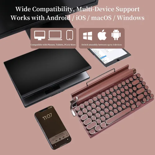 Miniatura 5 de Teclado mecánico estilo máquina de escribir retro Adventurers, 83 teclas, diseño compacto del 75%, Bluetooth 5.0 y cableado, interruptor azul Rojo
