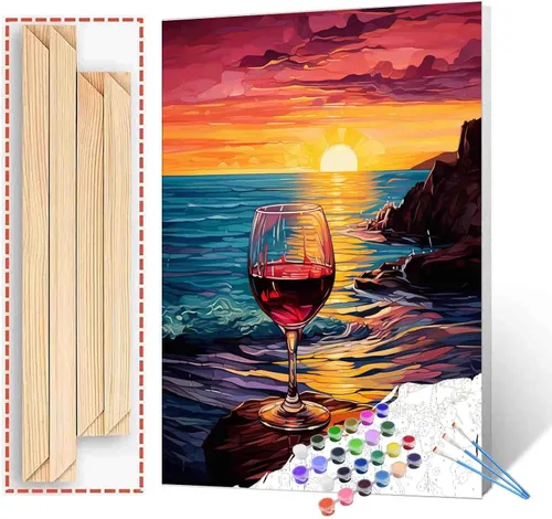 Miniatura 10 de Pintura de fiesta de vino tinto por números para adultos principiantes, vino vintage en vidrio, pintura por números, pintura acrílica, lienzo