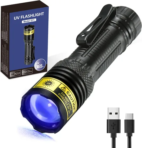 DARKDAWN Linterna UV de 365 nm, luz negra, mini y potente USB- C linternas LED recargable, lámpara de madera, linterna portátil de enfoque ajustable