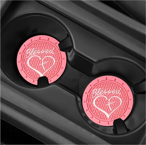 Miniatura 8 de 2 piezas posavasos para portavasos de automóvil, 2.76 pulgadas, PVC suave antideslizante, cruz bendita y corazón, posavasos cristianos para Negro