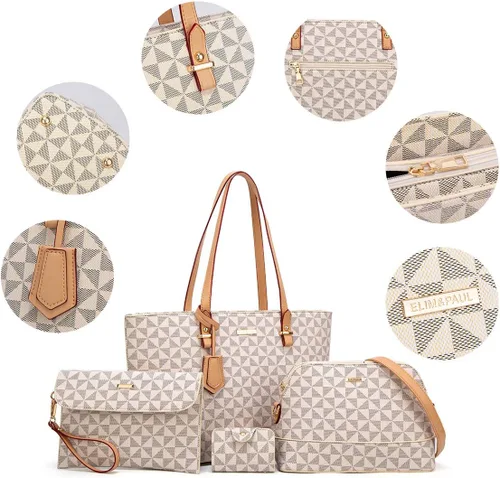 Miniatura 56 de Juego de 4 bolsas modernos para mujer de cuero sintético: bolso tote, bolso de hombro, bolso de mano y cartera.