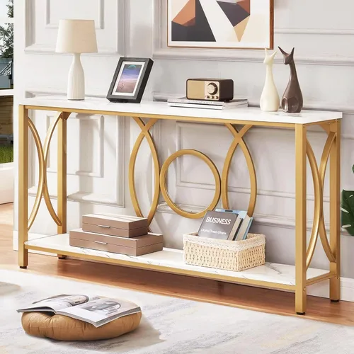 HOMISSUE Mesa consola de sofá, moderna mesa consola dorada con mesa de mármol sintético, mesas de entrada de madera de ingeniería con almacenamiento