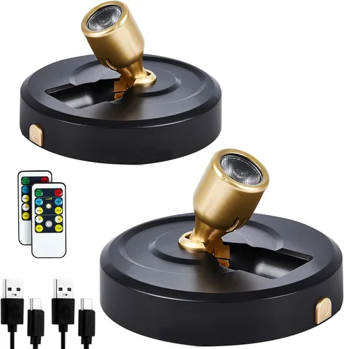 Miniatura 8 de Paquete de 2 Focos LED Inalámbricos a Batería para Cuadros, Luces de Disco con 2 Controles Remotos, Foco Adhesivo Regulable con Temporizador