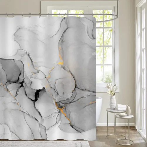 Miniatura 10 de Gibelle - Cortina de ducha pequeña de 36 x 72 pulgadas, cortina estrecha de medio tamaño abstracta azul gris mármol, juego de cortina de ducha