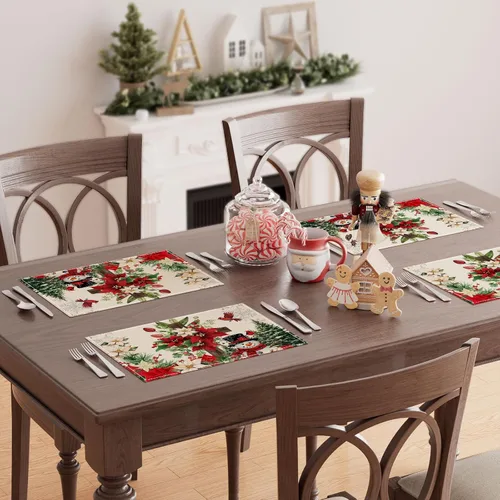 Miniatura 4 de XCHI Juego de 4 manteles individuales de mesa de Navidad con diseño de muñeco de nieve y poinsettia, manteles de mesa de invierno para decoración