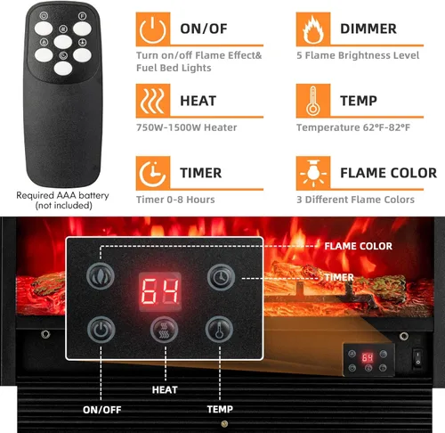 Miniatura 3 de Giantex Inserto de chimenea eléctrica de 28.5 pulgadas, empotrado/montado en la pared, chimenea independiente con control remoto, 3 llamas