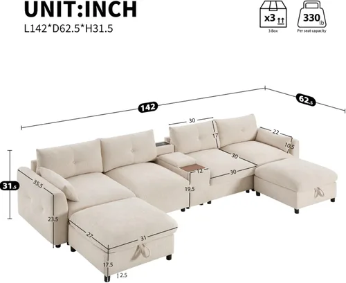 Miniatura 2 de Sofá modular de 6 asientos de 136 pulgadas con consola, portavasos y cargador USB, sofá de felpilla de gran tamaño en forma de U con otomana