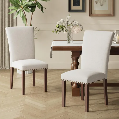 Miniatura 18 de COLAMY Juego de 2 sillas de comedor tapizadas Parsons, sillas de tela para comedor y cocina con detalle de cabeza de clavo y patas de madera