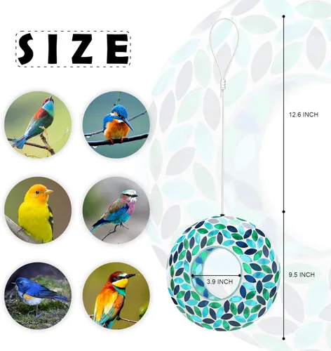 Miniatura 6 de VCUTEKA Comedero de mosaico para pájaros para colgar en el exterior con recipiente de vidrio de forma redonda para atraer más aves silvestres