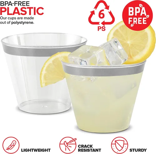Miniatura 3 de Stock Your Home Vasos de plástico desechables con borde plateado de 9 onzas (paquete de 100) elegantes vasos para fiestas, bodas, vacaciones, vasos
