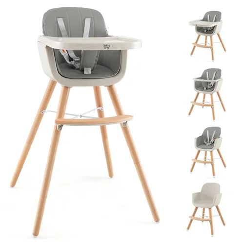 Miniatura 10 de BABY JOY Trona convertible para bebé, 3 en 1, silla alta de madera/asiento elevador/silla con bandeja extraíble, patas ajustables, arnés de 5