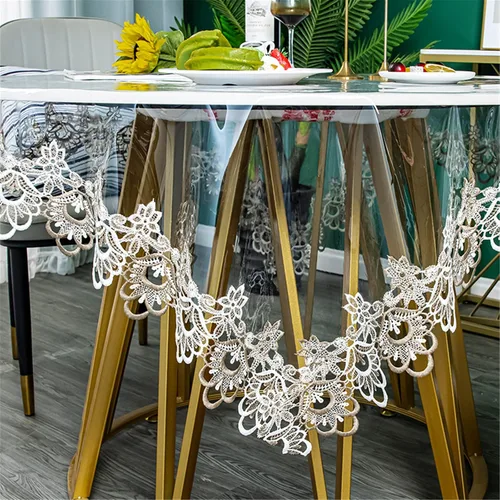 Miniatura 9 de Jeloris Mantel redondo de plástico transparente de vinilo PVC impermeable con borde de encaje bordado, cubierta de mesa transparente para cocina