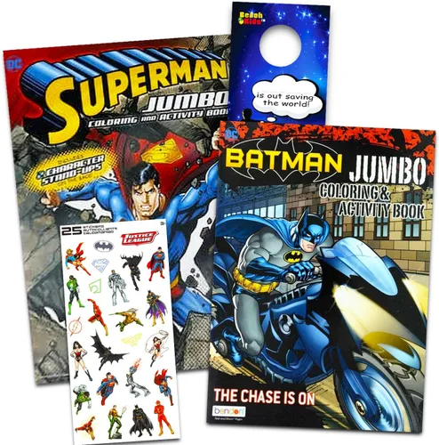 DC Comics - Juego de libros para colorear y actividades de Batman y Superman, dos libros para colorear de 96 páginas, calcomanías y colgador de