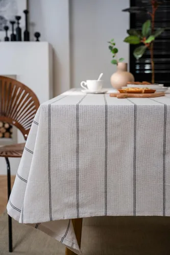 Miniatura 4 de ArtBud Manteles de Lino de Algodón Boho Estilo Granja Tela Pesada Cubierta de Mesa Arpillera a Rayas Lavable Superficie de Mesa para Fiestas Café