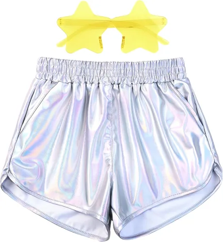 Mirawise Pantalones cortos metálicos para niñas, pantalones brillantes para baile, pantalones cortos con gafas de sol