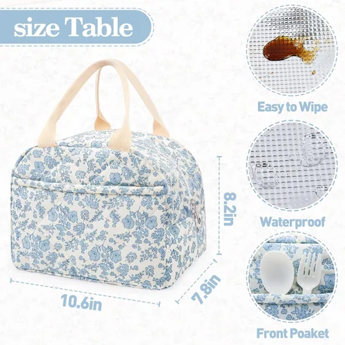 Miniatura 4 de Lonchera acolchada de algodón aislada, bonita bolsa acolchada con estampado floral, reutilizable, aislada, coqueta, de gran capacidad, hielera