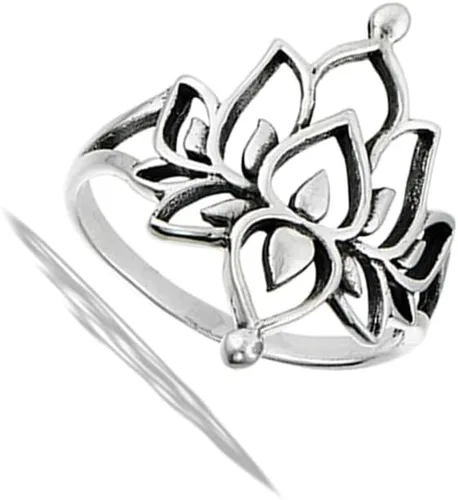 Miniatura 2 de Anillo de meditación de loto doble ornamentado de plata de ley 925, tallas 6-10