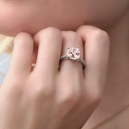 Miniatura 5 de Gem Stone King 925 Sterling Silver Peach Simulated Morganite and White Created Sapphire Engagement Ring For Women