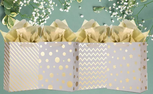 Miniatura 4 de UNIQOOO 12 bolsas de regalo de Navidad doradas metálicas a granel con asa, grandes de 12.5 x 10 pulgadas, bolsas de papel geométrico moderno surtido