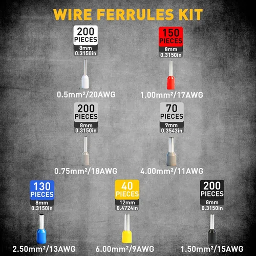 Miniatura 4 de Kit de herramientas de crimpado y pelado de virola de 1188 piezas, AWG 23-7 (0.25-10 mm²), pelacables automático con virolas de alambre, terminales