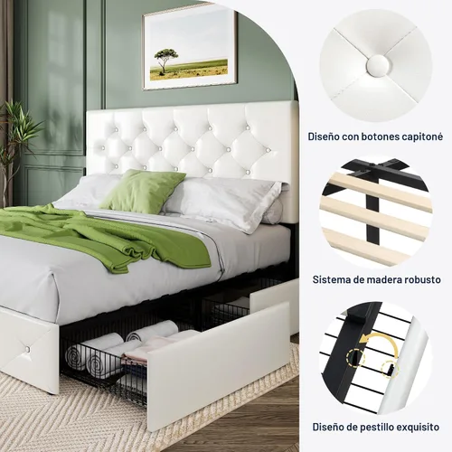 Miniatura 6 de Allewie - Base de cama con plataforma tapizada tamaño Queen, con 4 cajones de almacenamiento y cabecera, botón cosido en forma de diamante, base