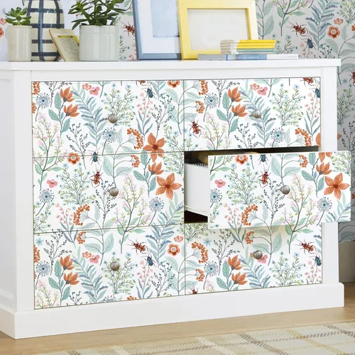 Miniatura 6 de VEELIKE Papel tapiz floral de escarabajos azules y naranjas para cuarto de bebé, baño, 17.7 x 354 pulgadas, autoadhesivo, extraíble, botánico, papel