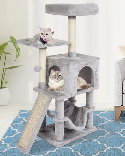 Miniatura 8 de Linda torre de árbol para gatos de interior con poste rascador para actividades modernas, hamaca colgante de bola con tabla beige