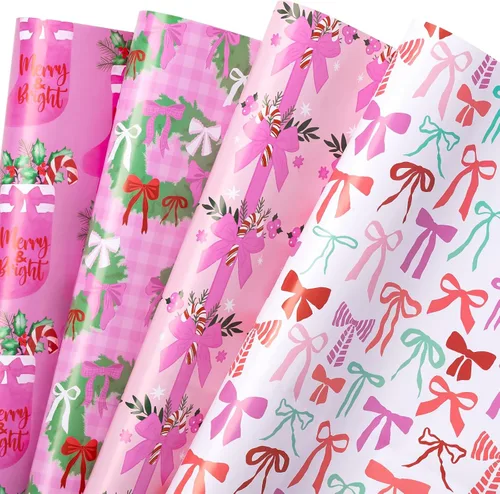 Miniatura 10 de WRAPAHOLIC Hoja de papel de regalo de Navidad, 12 hojas de diseño de árbol de Navidad rosa y casa, plegada plana con 12 etiquetas de regalo