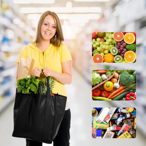 Miniatura 2 de JERIA Paquete de 24 bolsas de comestibles reutilizables, bolsas de compras grandes y plegables lavables, bolsas de mano resistentes con asas Negro