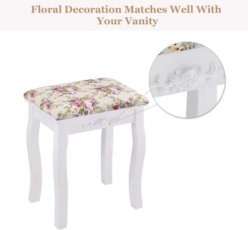 Miniatura 6 de Giantex Taburete de tocador de madera, silla acolchada, asiento de piano de maquillaje, banco de maquillaje con cojín rosa (blanco)