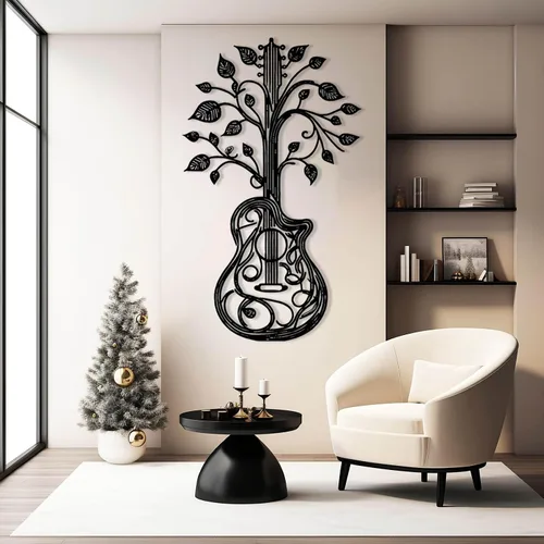 Veplsur Arte de pared de metal para guitarra, decoración minimalista de guitarra del árbol de la vida, decoración de sala de música, regalo para