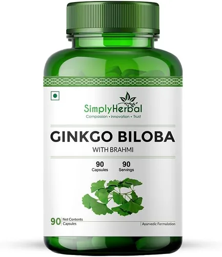 Simply Herbal Ginkgo Biloba 120mg con extracto de Bacopa Monnieri Brahmi 380mg para una mejor concentración, mejora la circulación sanguínea, mejora