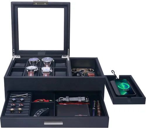 Miniatura 4 de Lifomenz Co Joyero para hombre, bandeja de valet con cajón y organizador de estación de carga, organizador de mesita de noche para hombres, bandeja