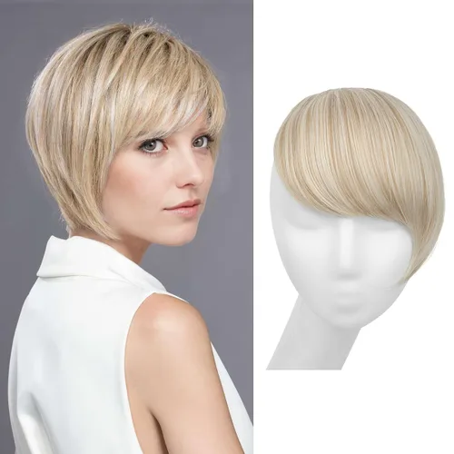 Miniatura 23 de SARLA Flequillo lateral negro marrón con clip en piezas de cabello sintético, extensión de flequillo recto para mujeres