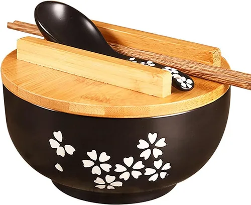 WHJY Cuenco de cerámica negro con tapa, cuchara, palillos para sopa, arroz, fideos. Vajilla de estilo tradicional japonés.