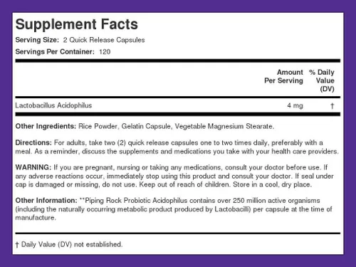 Miniatura 8 de Piping Rock Cápsulas probióticas de Acidophilus 240 unidades 1 mg 250 millones de UFC para hombres y mujeres Suplemento sin OMG, sin gluten