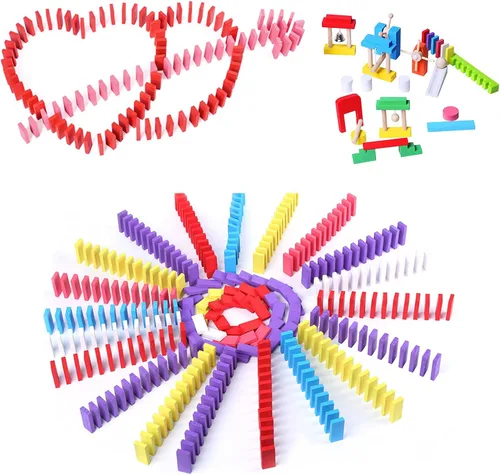 Miniatura 6 de Juego de 600 piezas de dominó para niños, bloques de construcción de dominó de madera, 6 colores a granel juegos de fichas de dominó con 26 bloques